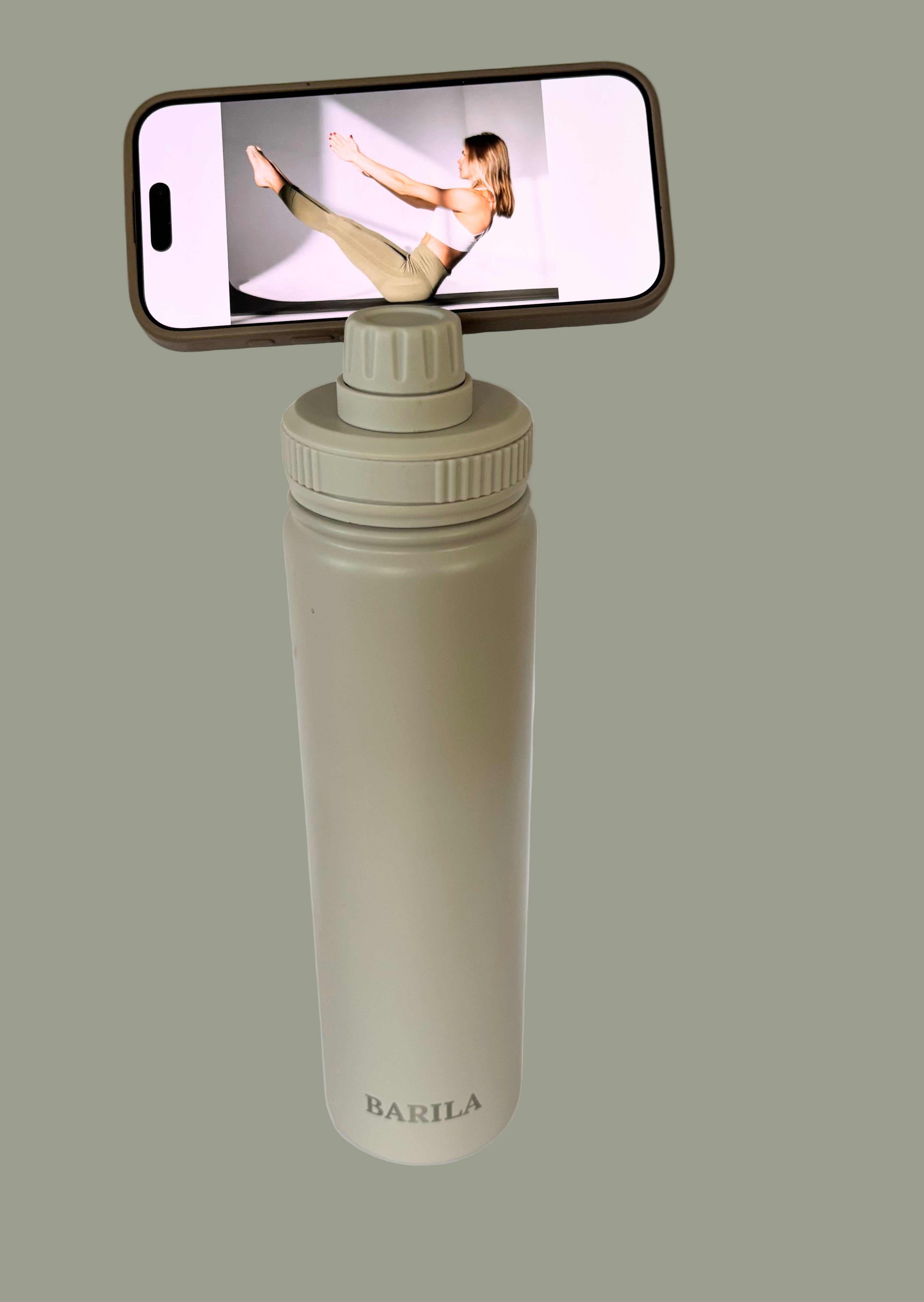 Green water bottle with smartphone holder on a Moss Green background